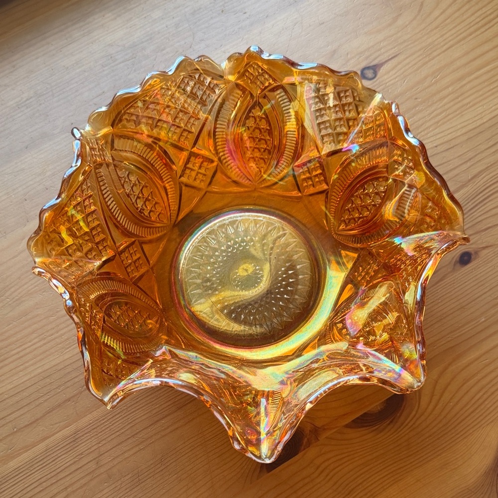 Orange iridescent carnival glass vintage bowl